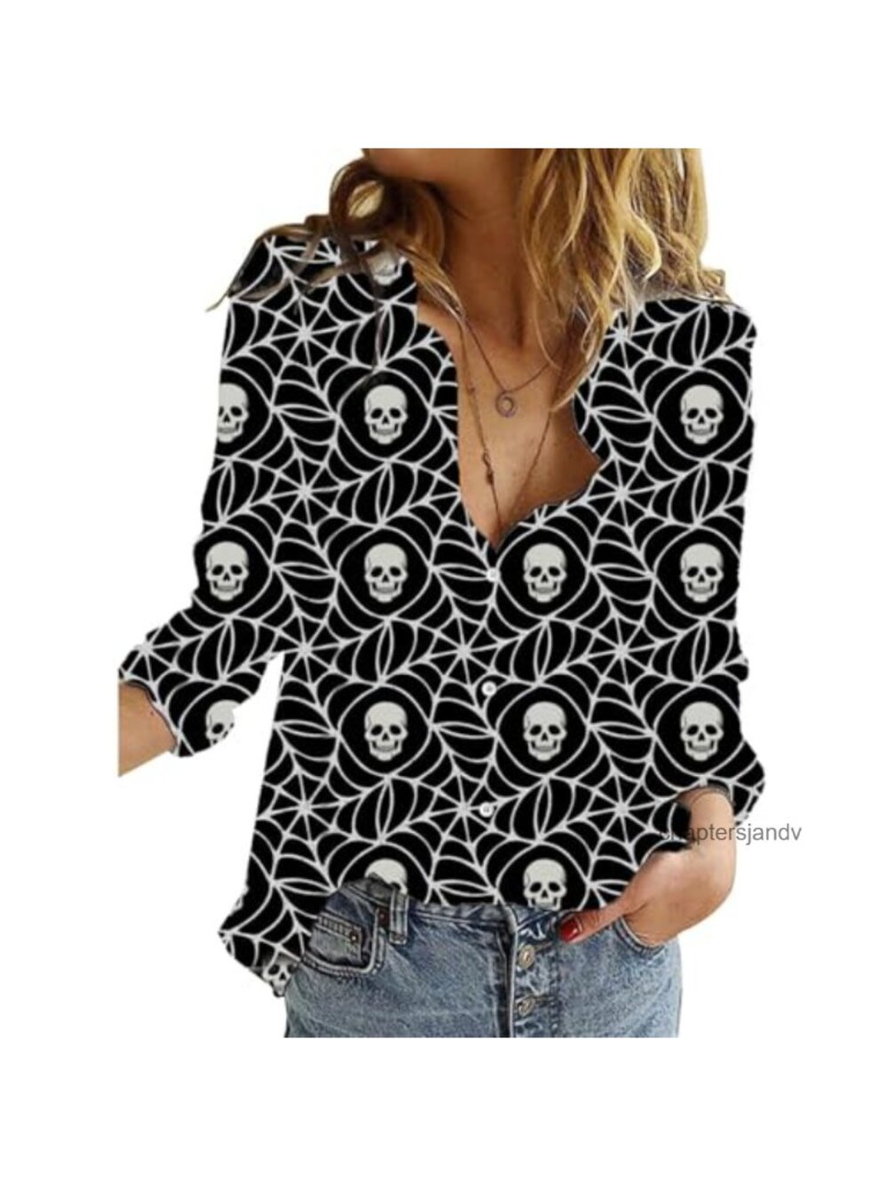 Womens Halloween V Neck Long Sleeve Button Down Shirt Blouse